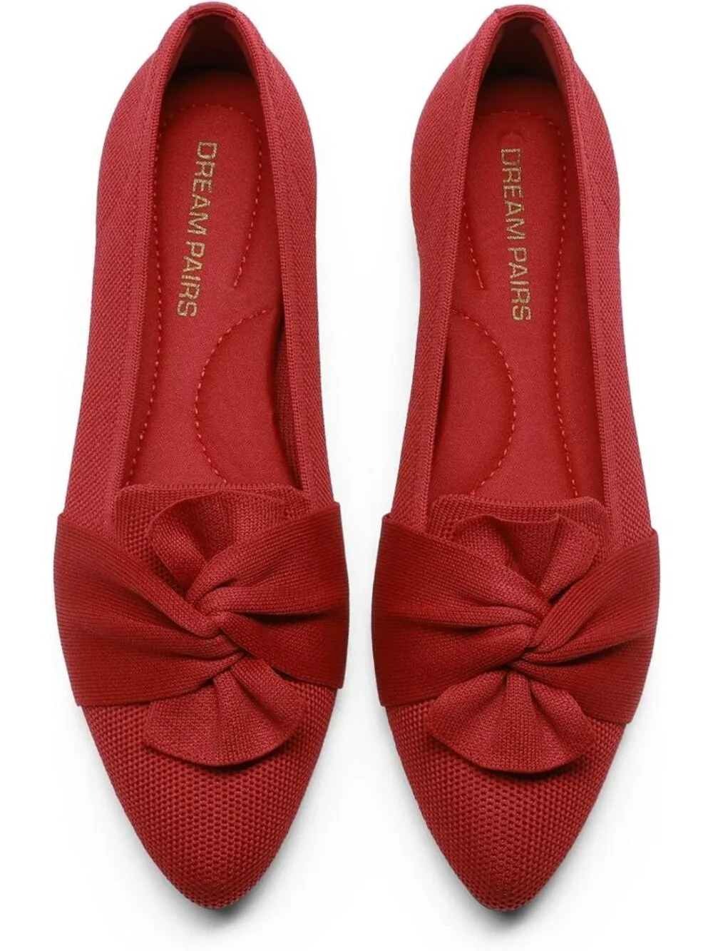 Women's Red Foldable Bow Pointed Toe Ballet Flats Knit Cushioned Comfort Shoes